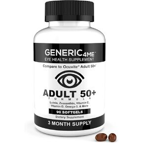 Generic4me ™ area 50 plus eye Health Formula ، تشمل 5 ملغ من اللوتين ، 1 ملغ Zeaxanthin ، 250 ملغ أوميغا 3s ، 9 ملغ من الزنك ، 150 ملغ فيتامينات C ، 30 ميكروغرام فيتامين د ، 20 ملغ فيتامين هـ.