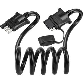 Oyviny 4 Way Flat Trailer Extension Coiled Cable 3 Feet Stretchable 18AWG Vehicle-Side and Trailer-Side 4-Pin Trailer Wiring Harness Pure Copper Wires High Temperature Resistant PU Sheath Protected
