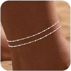 Ankle Bracelets for Women 14K Real Gold Silver Plated Ankle Bracelets Waterproof Heart Beads Rope Satellite Anklets Set Adjustable Layered Anklet Bracelets No Tarnish Summer Beach Jewelry Gift in Kuwait