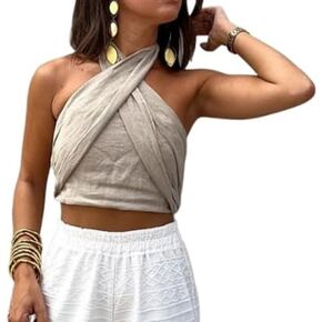 Linen Holiday Beach Halter Top Linen Sexy Y2K Tank Top for Women for Women Criss Cross Halter Top
