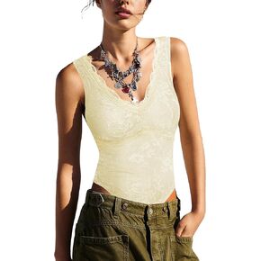 SAUNGKUAI Women's Sexy Deep V Neck Sleeveless Lace Bodysuit Double Lined Slim Y2K Body Suits Tank Going Out Tops