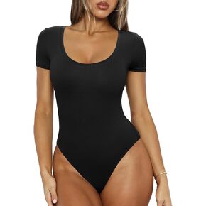 REORIA Women's Sexy Scoop Neck Bodysuit Short Sleeve Double Lined Slim Fit Going Out Tops 2025