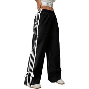 WDIRARA Girl's Side Striped Wide Leg Track Pants Bow Elastic High Waist Sweatpants