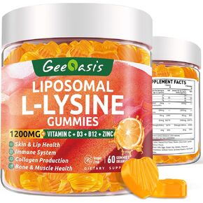 Liposomal L-Lysine Gummies 1200mg ، ملحق Lysine مضغ مع فيتامين C ، D3 ، B12 والزنك للبالغين والأطفال ، دعم المناعة والكولاجين ، شفاه وصحة الجلد ، نباتي ، نكهة الفاكهة الطبيعية ، 60Ct