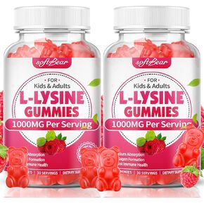 softbear L-Lysine Gummies for Adults & Kids, L Lysine 1000mg Chewable Lysine Supplement for Lips & Oral Health, Immune & Collagen Support, Vegan, Non GMO, Gluten-Free, Raspberry Flavor 120 Count