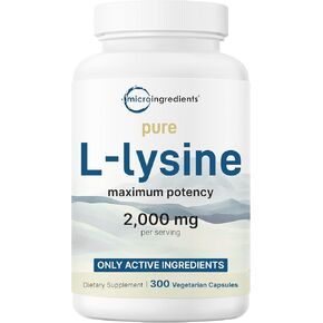Pure L-Lysine 2,000mg, 300 Veggie Capsules | Maximum Potency, Easily Absorbed, Free Form | Essential Amino Acid for Collagen, Lip, & Immune Support | Clean Ingredients Without Fillers