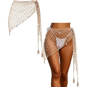 Geyoga Women Crochet Cover Up Skirt Triangle Shawl Mermaid Skirt Hollow Out Swimwear Shell شاطئ