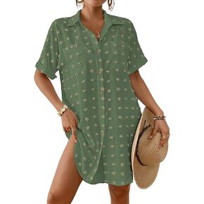Bsubseach Swimsuit Coverup for Women Swiss Dot Bathing Suit Swimwear Button Down Beach Shirt Cover Up Resort Wear