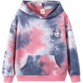 Julerwoo Girl's Rainbow & Unicorn Cotton Hoodie Tie dye Printed Sweatshirt Pullover Tops for Toddlers Girls