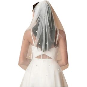 Pearl 1 Tier Elbow Length Wedding Bridal Veil with Metal Comb