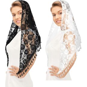 2 Pcs Lace Veil Mass Veil Triangle Mantilla Veil Catholic Veils for Women Mass Cathedral Head Covering Chapel Veils with Fringed Latin Mass Head Covering Veils Church Veils for Women