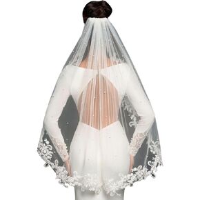 Pearl Fingertip Length Wedding Bridal Veil with Metal Comb