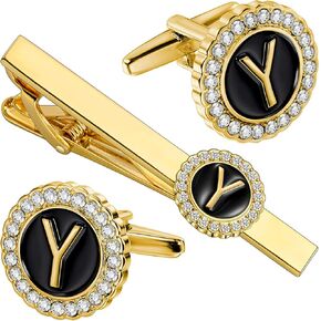 HAWSON 18K Gold Tie Clip and Cufflinks for Men, 2.2in Necktie Bar & Mens Cuff Links with Personalized Engraved A-Z Letter and Clear Crystal