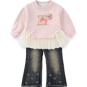 Peacolate 2-7T Spring Fall Little Girls 2pcs Clothing Set Long Sleeve T Shirt and Boot-cut Jeans in Kuwait