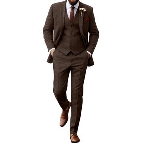 Retro Tweed Herringbone Suit for Men Slim Fit 3 Pieces Mens Suit Groom Dress Tuxedos Prom Suit Jacket Vest Pants