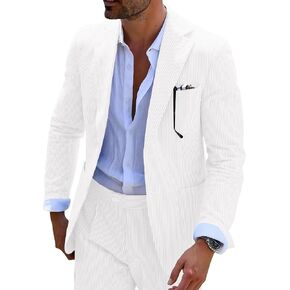 Seersucker Slim Suits for Men Formal Casul Summer Beach Wedding Grooms 2 Piece Blazer Pants Party Striped Suit Sets