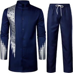 ZEROYAA Men's Traditional Suit Long Sleeve Button up African Dashiki Shirt and Pants Ethnic 2 Piece Outfit