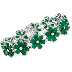Ross-Simons 30.00 ct. t.w. Emerald and .10 ct. t.w. Diamond Flower Bracelet in Sterling Silver. 7 inches