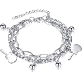 VJOSA Fashion Stainless Steel Guitar Charm Adjustable Double Layer Link Chain Bracelet