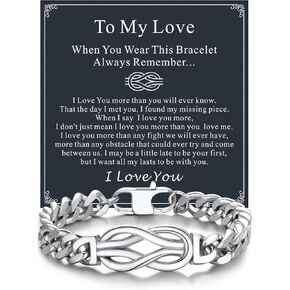 Bandmax Inifinity Love Knot Cuban Link Chain Bracelets for Men Stainless Steel/Black Mens Bracelet with Love Message Card Gift for Son Grandson Husband Father