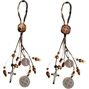 2PCS/Set Medalla De San Benito,Escapularios Wooden Beads Rosary St Benedict Medals for Door with Saint Benedict Cross Crucifix Catholic Gift Set for Car Hanging Charm Home Door Hanger Decor