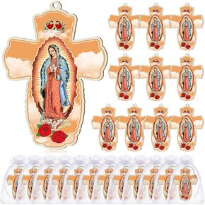 24 PCS سيدة Guadalupe Wood Wall Cross مع أكياس الهدايا الأورجانزا معمودية للضيوف أول شركة Compleion Gift Catholic Favors Recuerdos de Bautizo