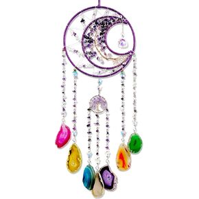 Agate Gem Large Dream Catchers, 7 Chakra Tree of Life Dream Catchers Wall Decor, Natural Agate Slice Crystal Wind Chime for Home Garden Suncatchers Decor, Adults Boys Girls Bless Gifts (Purple Moon)