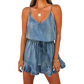 Womens Vintage Denim Rompers Summer Distressed Spaghetti Strap V Neck Wide Leg Belted Short Jean Jumpsuit