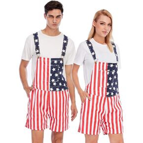 Mens & Womens One Piece Jumpsuit Unisex Patriotic American Flag Print Denim Bib Overall Shorts Jeans