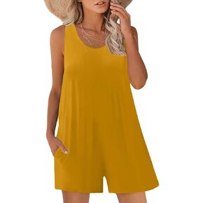 Womens Summer Casual Sleeveless Rompers Tank Crewneck Wide Leg Loose Shorts Jumpsuit Overalls with Pockets