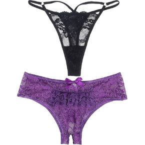 ohyeah Plus Size Lace Panties for Women Sexy Lacy Thongs Purple Cheeky Underwear Low Rise Tanga G-String Thongs M
