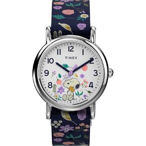 Timex Womens Watch Peanuts Weekender Casual Ladies Wristwatch - Featuring Snoopy and Woodstock in a Floral Motif, Silver-Tone Case with Blue Fabric Strap (31mm)