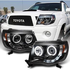 ACANII - For 2005-2011 Toyota Tacoma LED DRL Halo Ring Black Housing Projector Headlights Headlamps, Driver & Passenger