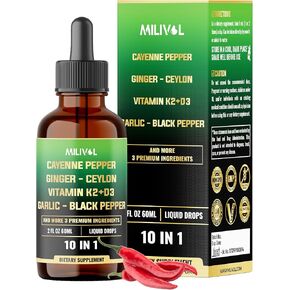 10in1 Cayenne Pepper Liquid Drops + Ginger, Ceylon Cinnamon, Vitamin D3, Vitamin K2, Garlic, Black Pepper and More - Digestion Support - 2 Fl Oz - 2 Months Supply