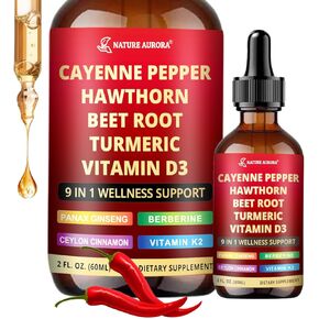 9 in1 Cayenne Pepper Liquid Drops - Cayenne Pepper Extract Drops Liquid + Hawthorn Berry ، Beetroot ، الكركم ، فيتامين K2 و D3 - الهضم ، ودعم المناعة والدورة الدموية - 2 Fl Oz