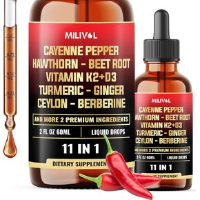 11in1 Cayenne Pepper Liquid Drops with Hawthorn Berry, Vitamin D3 K2, Beet Root, Garlic, Ginger, Ceylon Cinnamon, Turmeric, Berberine and Bitter Melon - 60 Days Supply - 2Fl Oz
