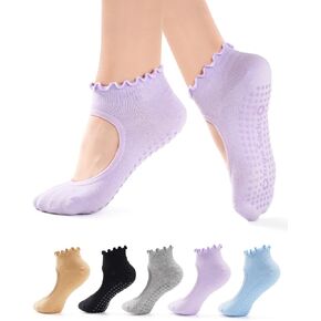 5 Pairs Pilates Socks for Women Non Slip Grip Yoga Socks Ankle Grippy Socks Woman for Barre, Hospital, Barefoot