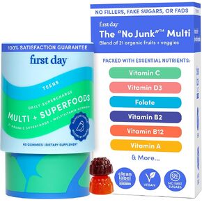 FIRST DAY Vitamins for Teens - Teen Multi Vitamins for Girls & Boys 12-17, Organic Fruit & Veggie Blend - 12 Key Nutrients: Vitamins A, B1, B2, B6, B9, B12, C, D3, E, K2-30 Day Supply