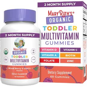 Maryruth Organics Vitamin Gummy | الأطفال والأطفال الصغار سن 2+ | وزارة الزراعة الأمريكية | فيتامين C اليومية | D3 | الزنك | مختلط التوت والكرز | 2 شهر العرض