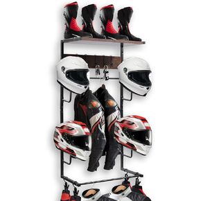 Motorcycle Helmet Holder Wall Mounted, Motorcycle Helmet Holder with Helmet Rack, 4 Glove Chips and 5 hooks, Helmet Holder for Most of Helmet,Clothes and Motorcycle Accesories