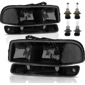 مصباح الأمامي المصباح الأمامي متوافق مع 1999-2006 GMC Sierra 1500 2500 ، 2000-2006 GMC Yukon Headlamp w/bulb chrome Housing/Clear Corner