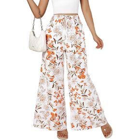 YHYJMY Womens Boho Wide Leg Pants Casual Elastic High Waisted Flowy Palazzo Pants Beach Lounge Long Trousers with Pocket