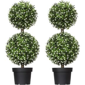 2FT Artificial Boxwood Topiary Tree 2 Pack, Artificial Boxwood Double Ball Topiary Trees, UV Resistance Rated Faux Topiaries Tree, Fake Greenery Plants Ball Tree for Porch,Home,Garden Decor(Set of 2)