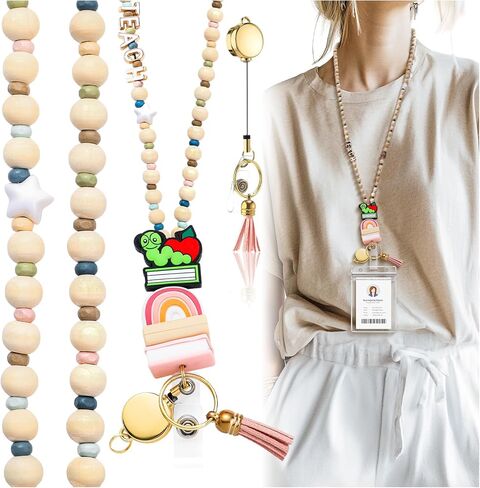 End of Year Teacher Gift Wood Beaded Lanyards for ID Badges with Retractable Reel for Women Teacher in Saudi Arabia