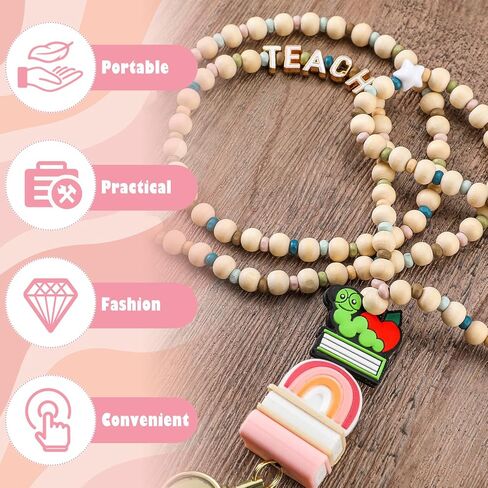 End of Year Teacher Gift Wood Beaded Lanyards for ID Badges with Retractable Reel for Women Teacher in Saudi Arabia
