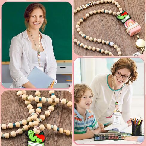 End of Year Teacher Gift Wood Beaded Lanyards for ID Badges with Retractable Reel for Women Teacher in Saudi Arabia