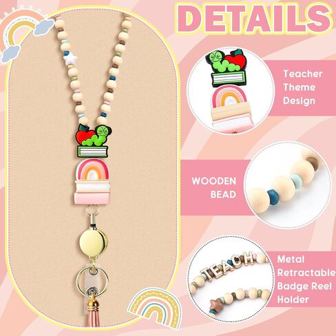 End of Year Teacher Gift Wood Beaded Lanyards for ID Badges with Retractable Reel for Women Teacher in Saudi Arabia