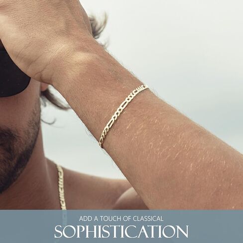 Kisper Mens Gold Bracelet 18K Gold Plated 925 Sterling Silver - 5mm Cupan Link Curb Chain & Figaro Link Bracelets for Men - أحجام 6.5،7،8،9 بوصة in Kuwait