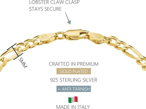 Kisper Mens Gold Bracelet 18K Gold Plated 925 Sterling Silver - 5mm Cupan Link Curb Chain & Figaro Link Bracelets for Men - أحجام 6.5،7،8،9 بوصة in Kuwait