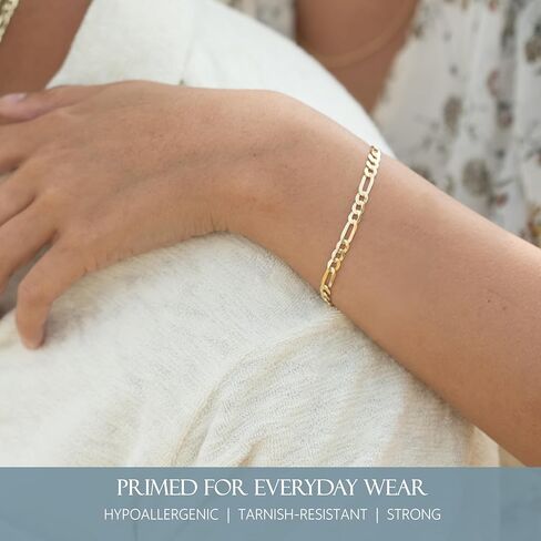 Kisper Mens Gold Bracelet 18K Gold Plated 925 Sterling Silver - 5mm Cupan Link Curb Chain & Figaro Link Bracelets for Men - أحجام 6.5،7،8،9 بوصة in Kuwait